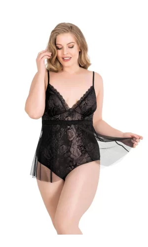 Büyük Beden Siyah Bodysuit Jakarlı Gecelik