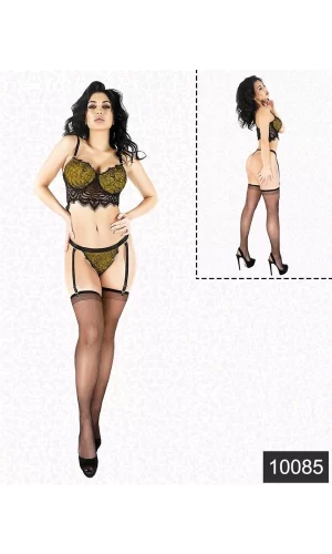 Fantazi Sarı Lamine Dantel Jartiyer Büstiyer Takım