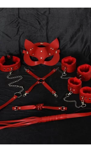 Kırmızı İçi Tüylü Maske,Kol,Bacak,Ağız Topu,Kırbaç,Tasma Harness Set