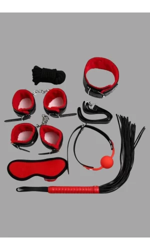 Kırmızı/Siyah İçi Tüylü Deri 7li Harness Set