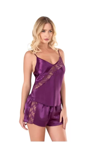 Koyu Pembe Saten Babydoll Şort Takımı