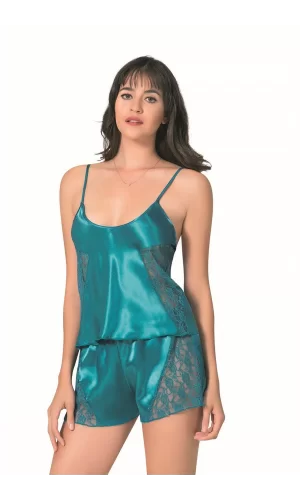 Petrol Saten Babydoll Şort Takımı
