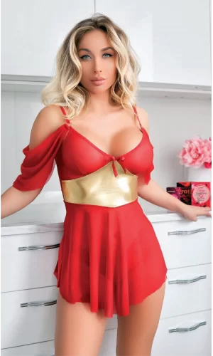 Arias Closet Sarı Kuşak Detaylı Özel Kırmızı Gecelik