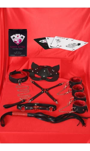 Sexy Görselli Oyun Kartı Kama Sutra 7li Kırmızı Siyah Harness Set