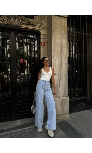 Arkadan Yırtmaçlı Jeans Kot Palazzo Pantolon - Mavi