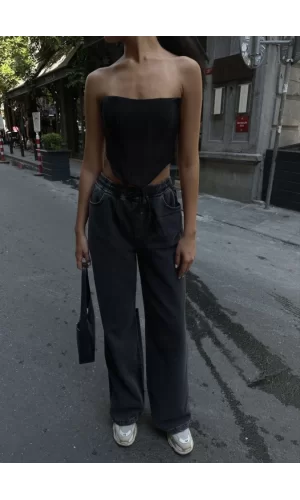 Arkadan Yırtmaçlı Jeans Kot Palazzo Pantolon - Siyah