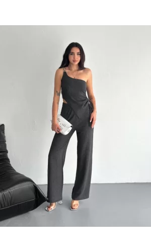 Asimetrik Crop Pantalon Ikili Takım - Füme