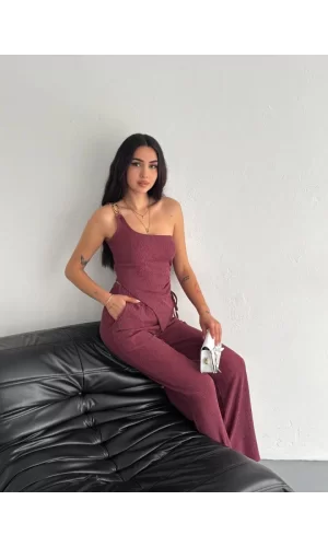 Asimetrik Crop Pantalon Ikili Takım - Gül Kurusu