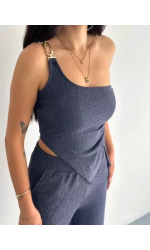 Asimetrik Crop Pantalon Ikili Takım - Lacivert