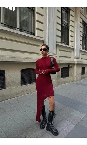 Asimetrik Detaylı Fitilli Triko Elbise 2824