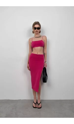 Askılı Crop Yırtmaçlı Etek Takım