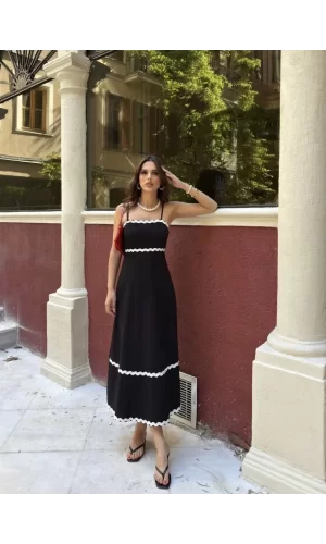 Luz&Pos Askılı Uzun Şerit Detaylı Şık Ve Rahat Elbise - Siyah