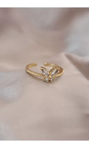 Ayarlamalı Altın Renk Metal Zirkon Taş ve Kristal Taşlı Kelebek Model Yüzük