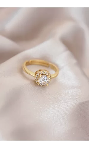 Ayarlamalı Altın Renk Metal Zirkon ve Kristal Taşlı Oval Model Yüzük