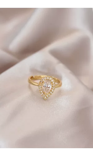Ayarlamalı Gold Renk Metal Zirkon Taşlı Damla Model Yüzük