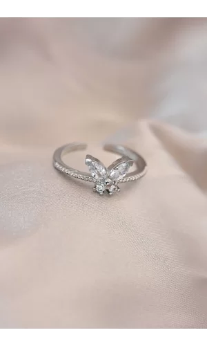 Ayarlamalı Gümüş Renk Metal Zirkon Taş ve Kristal Taşlı Kelebek Model Yüzük
