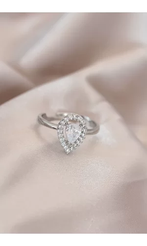 Ayarlamalı Silver Renk Metal Zirkon ve Kristal Taşlı Damla Model Yüzük