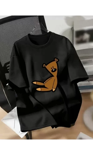 Luz&Pos 20/1 Penye Compack Ayı Baskılı Oversize Bisiklet Yaka Kısa Kol T-shirt - Siyah