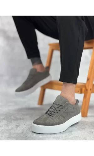 BA0104 Bağcıklı Gri Süet Beyaz Taban Spor Klasik Erkek Ayakkabı