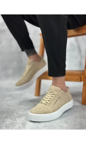 BA0104 Bağcıklı Krem Süet Beyaz Taban Spor Klasik Erkek Ayakkabı