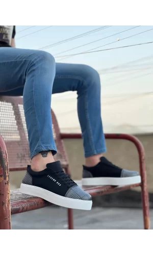 BA0104 Bağcıklı Siyah Ekose Süet Beyaz Taban Spor Klasik Erkek Ayakkabı