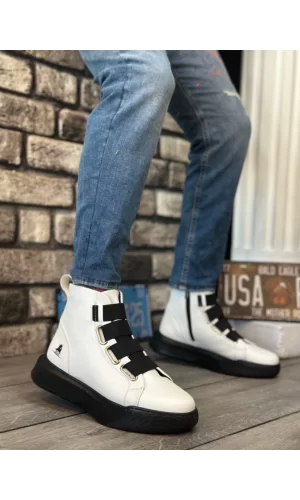 BA0142 Bantlı Erkek Yüksek Taban Beyaz Siyah Spor Bot