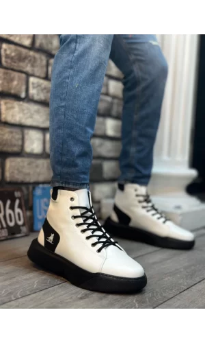 BA0155 Bağcıklı Erkek Yüksek Taban Beyaz Siyah Taban Spor Bot