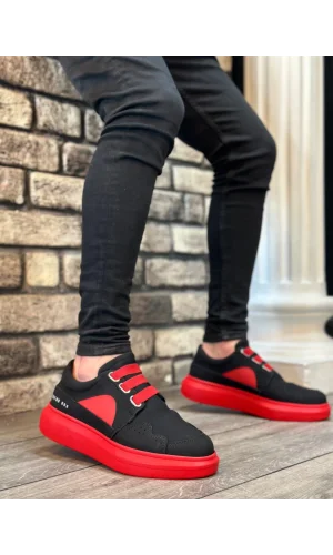 BA0302 Boa Kalın Taban Bağcıksız Tarz Casual Siyah Kırmızı Erkek Ayakkabı