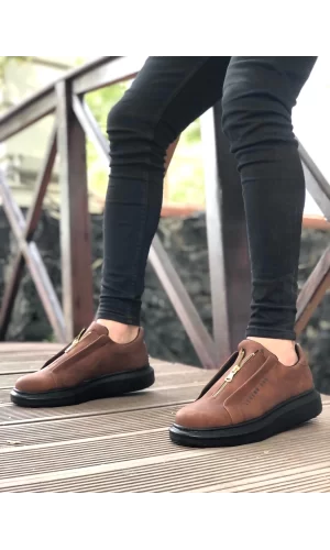 BA0310 BOA Kalın Yüksek Taban Fermuarlı Taba Siyah Erkek Ayakkabı