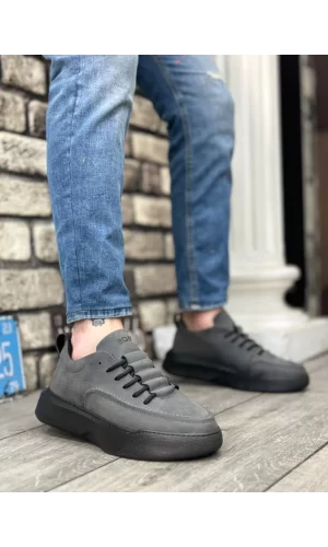 BA0332 Merdiven Desen Bağcıklı Erkek Yüksek Taban Füme Cilt Spor Ayakkabı