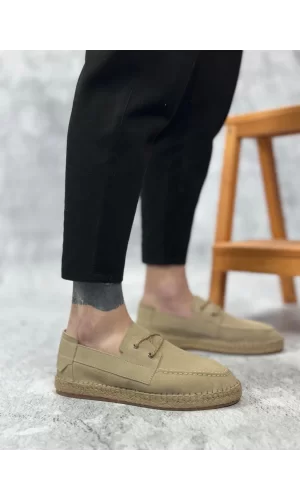 BA0358 BOA Doğal Deri Tozu Bağcıklı Kauçuk El Yapımı Espadril Taban Bej Renk Erkek Ayakkabı