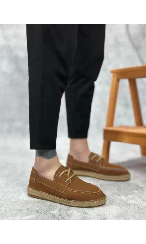 BA0358 BOA Doğal Deri Tozu Bağcıklı Kauçuk El Yapımı Espadril Taban Taba Renk Erkek Ayakkabı