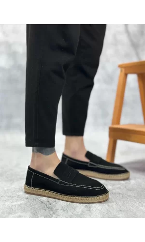 BA0359 BOA Doğal Deri Tozu Bağcıksız Kauçuk El Yapımı Espadril Taban Siyah Renk Erkek Ayakkabı