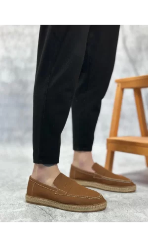 BA0359 BOA Doğal Deri Tozu Bağcıksız Kauçuk El Yapımı Espadril Taban Taba Renk Erkek Ayakkabı