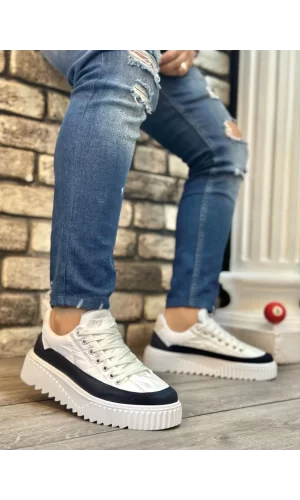 BA0801 BOA Yüksek Taban Beyaz Paraşüt Kumaş Laci Cilt Detaylı Erkek Ayakkabı