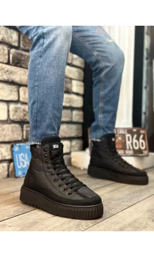 BA0811 BOA Yüksek Siyah Taban Siyah Paraşüt Kumaş Cilt Detaylı Yarım Bilek Spor Bot