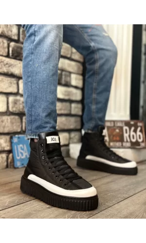 BA0811 BOA Yüksek Taban Siyah Paraşüt Kumaş Beyaz Cilt Detaylı Yarım Bilek Spor Bot
