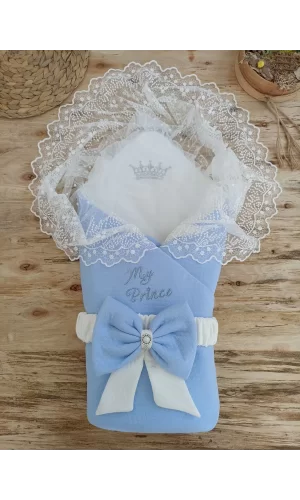 Luz&Pos Bal Peteği My Prince Taç Nakışlı İnci Fiyonklu Dantel Duvaklı Delüks Kundak Bebek Battaniyesi Mavi
