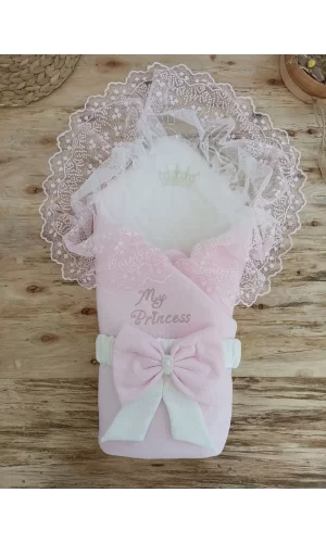Luz&Pos Bal Peteği My Princess Taç Nakış İnci Fiyonklu Dantel Duvaklı Delüks Kundak Bebek Battaniyesi Pembe
