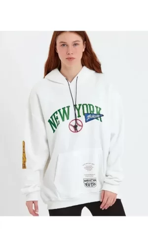 Baskılı Kapüşonlu Sweatshirt - Beyaz