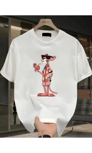Baskılı Oversize Bisiklet Yaka T-shirt - Beyaz