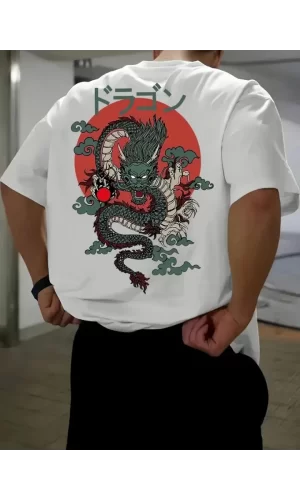 Baskılı Oversize Bisiklet Yaka T-shirt - Beyaz
