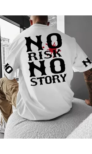 Baskılı Oversize Bisiklet Yaka T-shirt - Beyaz