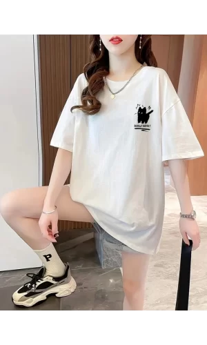 Baskılı Oversize Bisiklet Yaka T-shirt - Beyaz