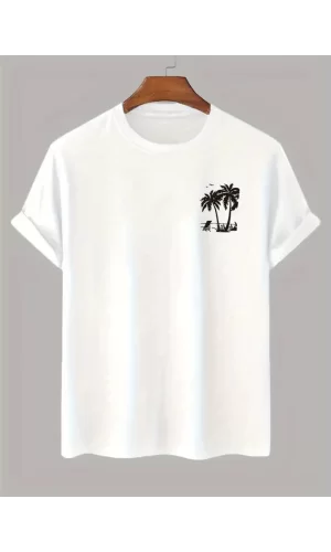 Baskılı Oversize Bisiklet Yaka T-shirt - Beyaz