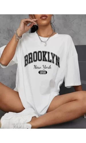 Baskılı Oversize Bisiklet Yaka T-shirt - Beyaz