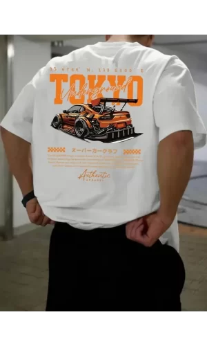 Baskılı Oversize Bisiklet Yaka T-shirt - Beyaz