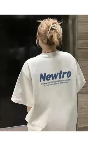 Baskılı Oversize Bisiklet Yaka T-shirt - Beyaz