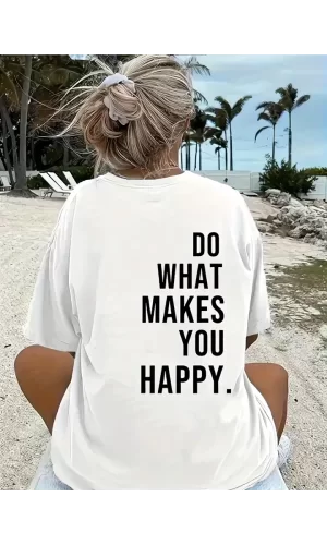 Baskılı Oversize Bisiklet Yaka T-shirt - Beyaz