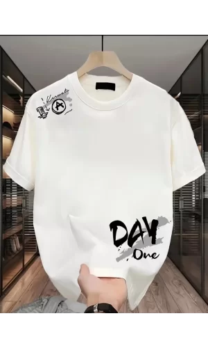 Baskılı Oversize Bisiklet Yaka T-shirt - Beyaz